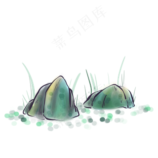 中国风水墨石头和小草,免抠元素