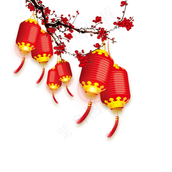 节日手绘装饰插画红梅红灯笼农历,免抠元素