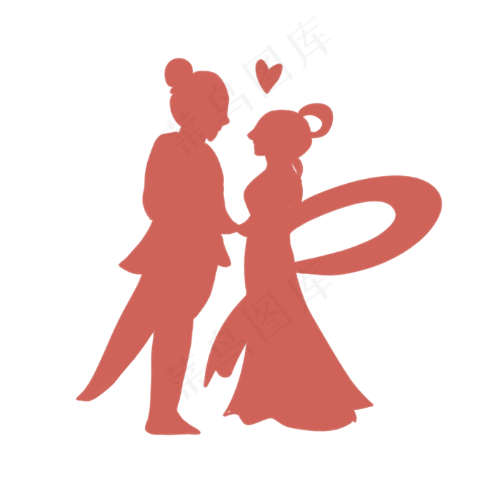 七夕红色牛郎织女剪影,免抠元素