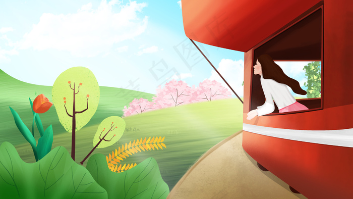 五一手绘风乘车郊外出游(2880*1620px 300 dpi )psd模版下载