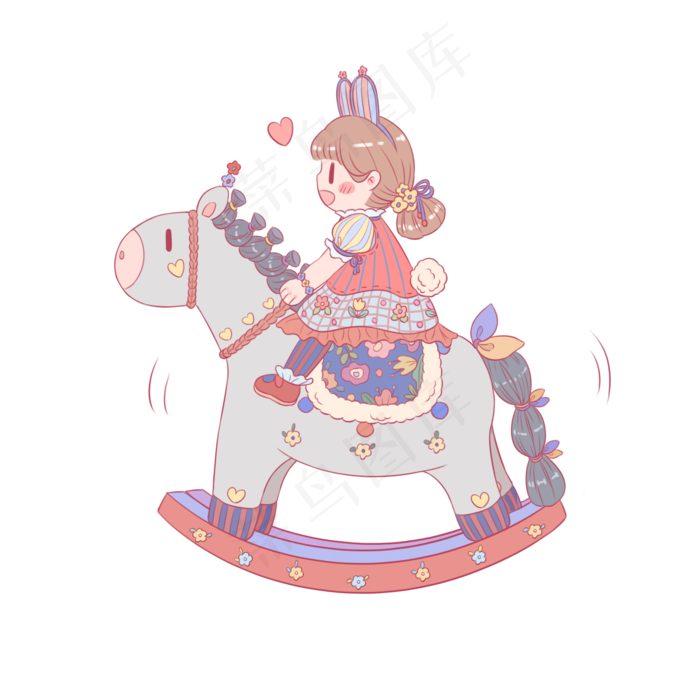 六一儿童节卡通女孩骑木马PNG免抠(2000*2000px 300 dpi )psd模版下载