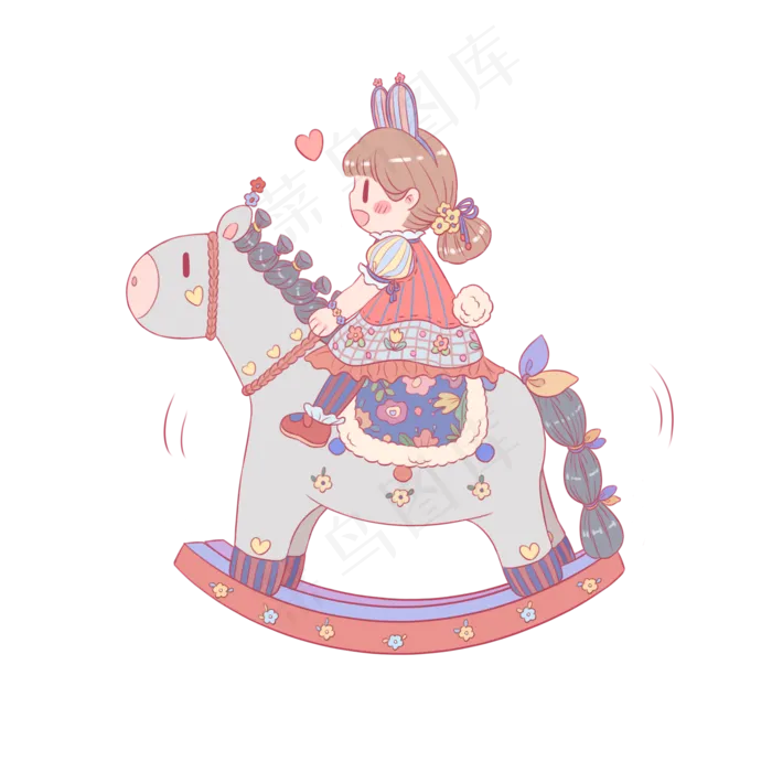 六一儿童节卡通女孩骑木马PNG免抠(2000*2000px 300 dpi )psd模版下载