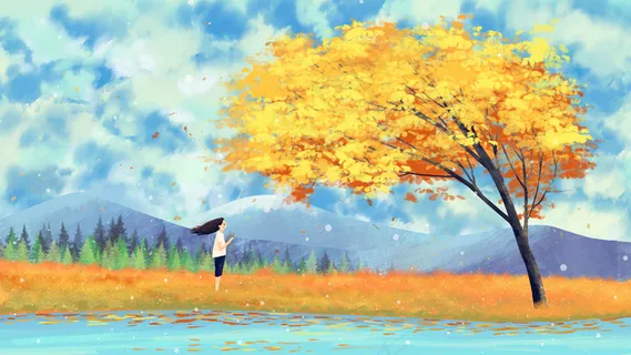 秋分秋天女孩迎着风节气风景