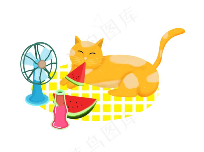 夏天元素小场景猫咪纳凉吹风扇免(2688X2002(DPI:300))psd模版下载