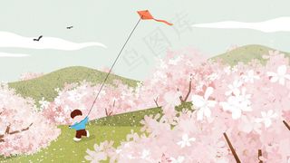 春天樱花飞舞小男孩在山坡放风筝