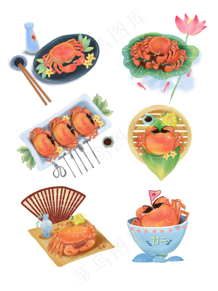 手绘食物螃蟹大闸蟹小清新中国风