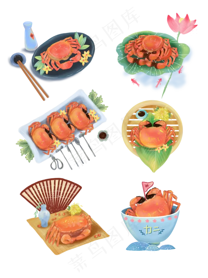手绘食物螃蟹大闸蟹小清新中国风(3072X4107(DPI:300))psd模版下载