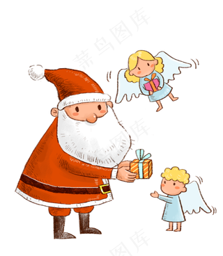 圣诞节送礼物的圣诞老人和小天使,免抠元素