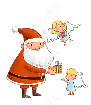 圣诞节送礼物的圣诞老人和小天使,免抠元素