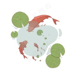 手绘荷塘荷叶小鱼可商用元素