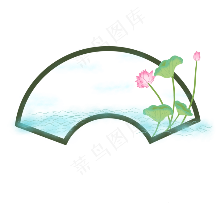 水墨扇形荷花边框PNG(2000X2000(DPI:300))psd模版下载