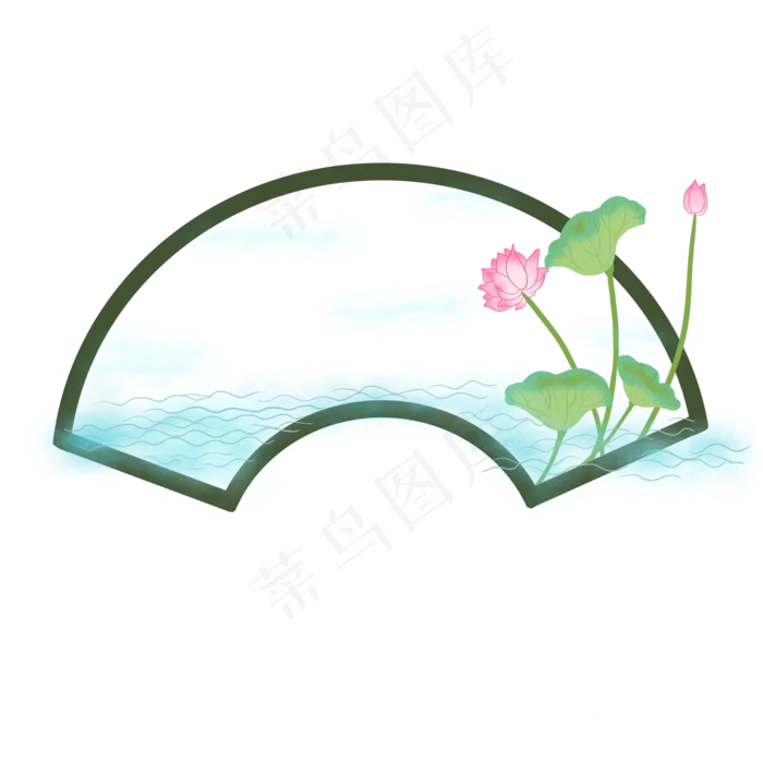 水墨扇形荷花边框PNG(2000X2000(DPI:300))psd模版下载