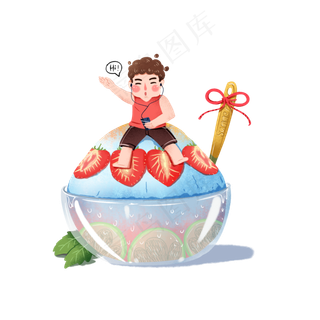 夏天避暑手绘元素吃沙冰png,免抠元素