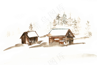 水彩画冬季风景大雪覆盖的木屋