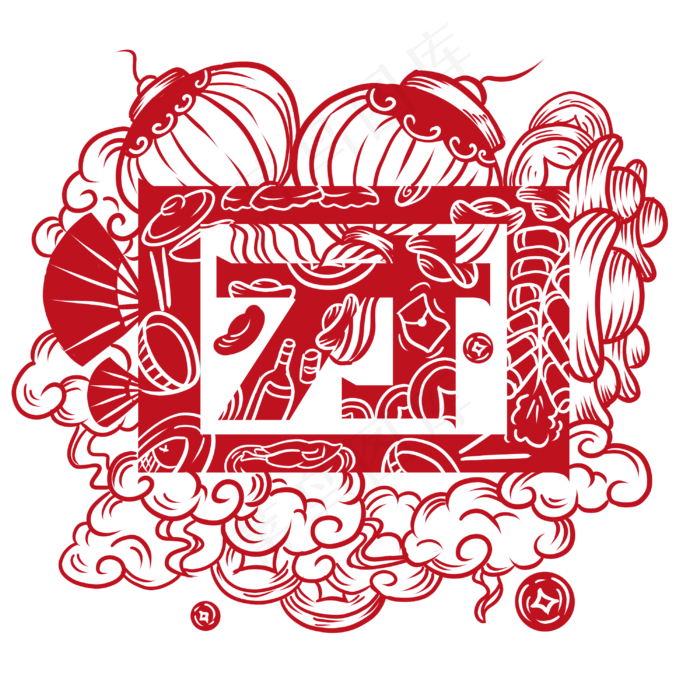中国风红色团字红灯笼窗花剪纸,免抠元素