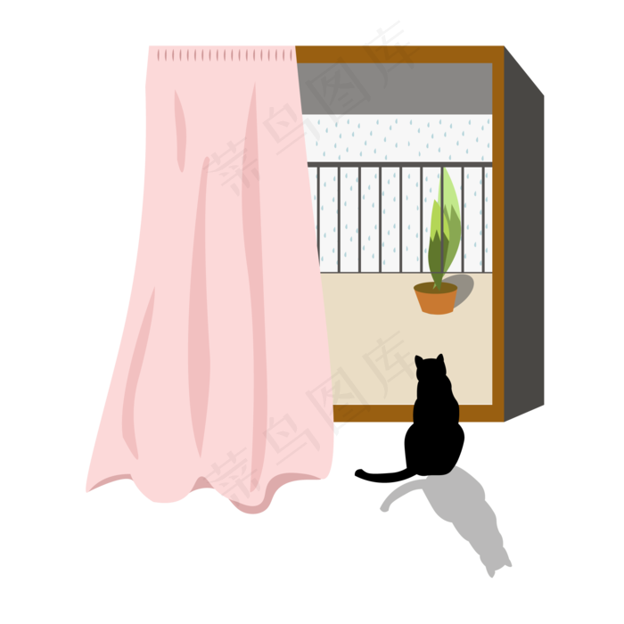 黑色猫咪看着窗外雨水节气元素,免抠元素