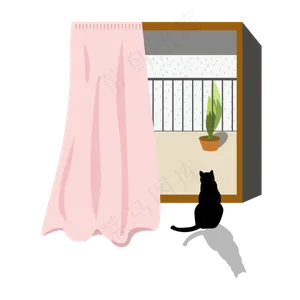 黑色猫咪看着窗外雨水节气元素,免抠元素