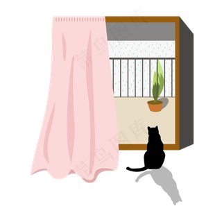 黑色猫咪看着窗外雨水节气元素,免抠元素