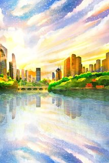 霞光中的城市风景