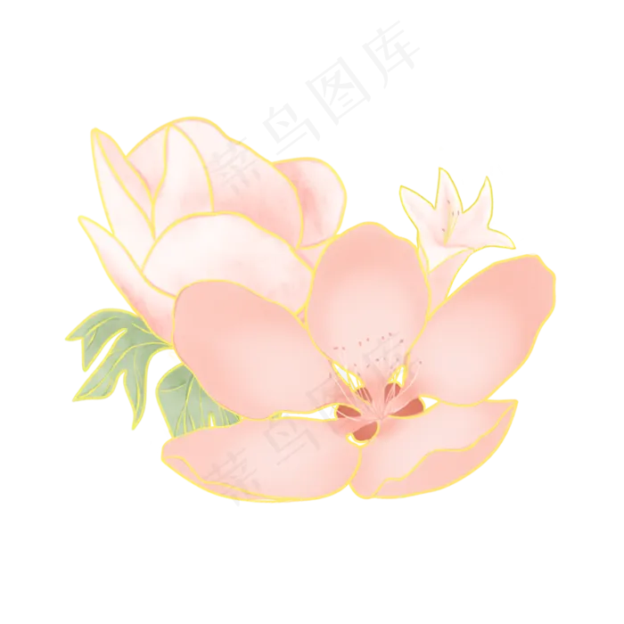 节日金边粉色手绘花叶装饰,免抠元素