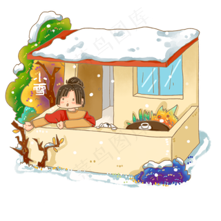 小雪节气暖色阳台赏雪人物免抠元