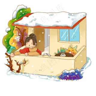 小雪节气暖色阳台赏雪人物免抠元