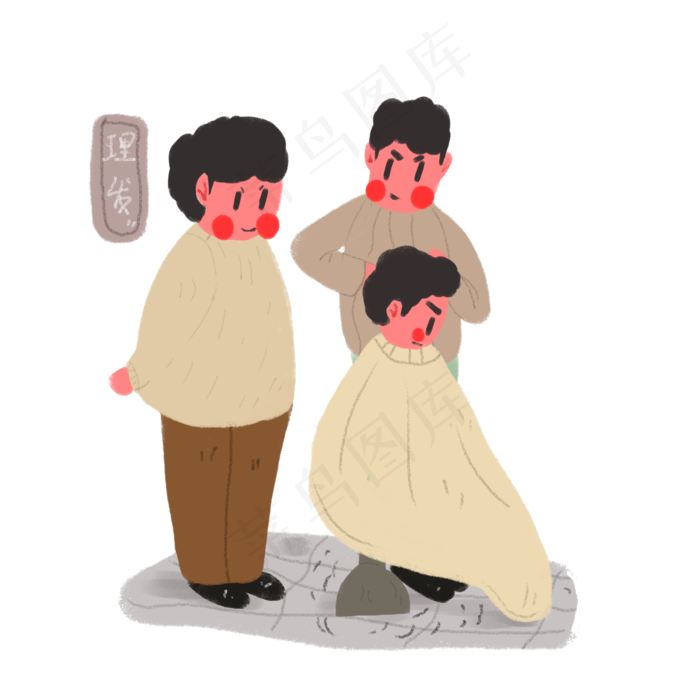 龙抬头卡通手绘理发人物,免抠元素