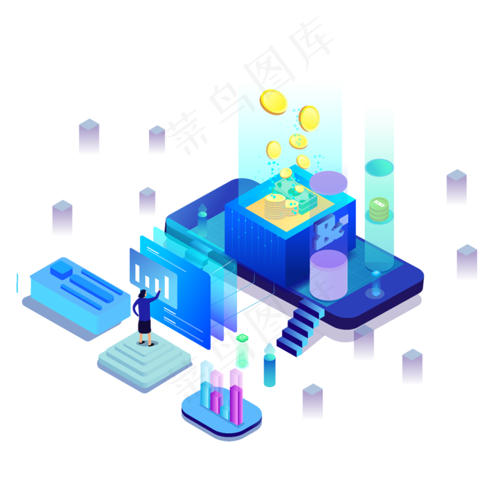 蓝色区块链大数据金融理财比特币,免抠元素