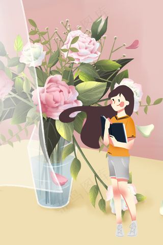夏天精致花书女孩