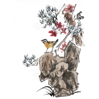 中国风水墨风喜鹊花草小景手绘插,免抠元素