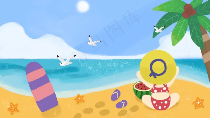 夏天海边嬉戏的小女孩(2880X1620(DPI:300))psd模版下载
