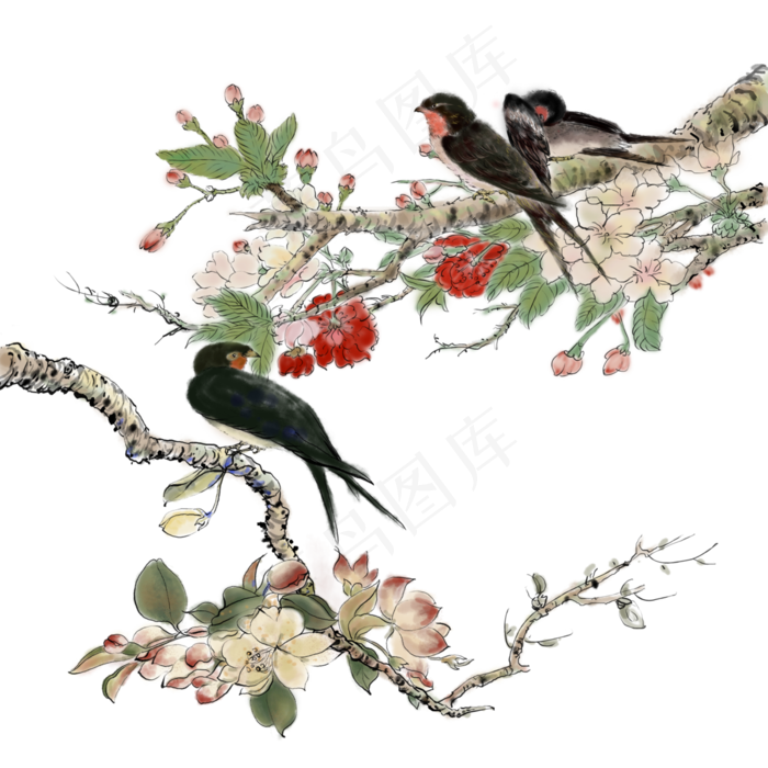 工笔花鸟,免抠元素(3000X3000(DPI:300))psd模版下载