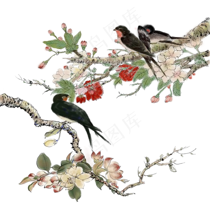 工笔花鸟,免抠元素(3000X3000(DPI:300))psd模版下载