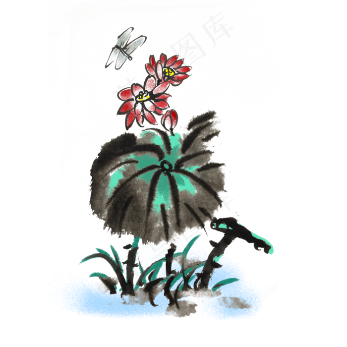 夏季水墨风荷花荷叶手绘