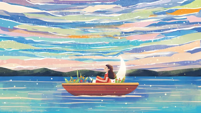 月亮船与女孩天空治愈系风景