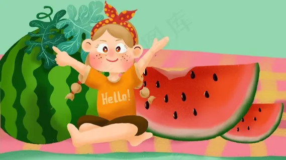夏天清凉大西瓜与可爱女孩