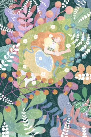 卡通小清新春困女孩睡觉