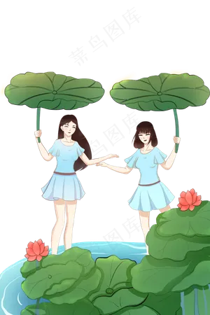 夏日荷花池女孩玩耍