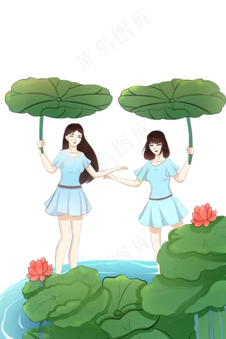 夏日荷花池女孩玩耍