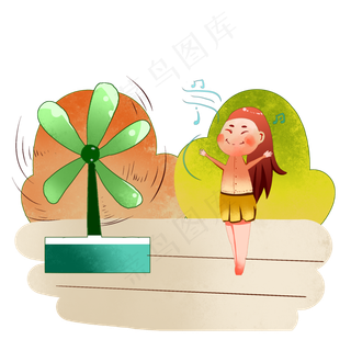 小暑大暑节气橘色少女吹风扇