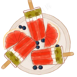 夏天手绘卡通西瓜冰棒蓝莓西柚