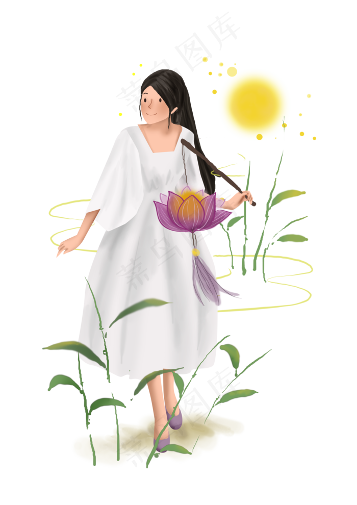 中秋节河边赏月的女孩,免抠元素