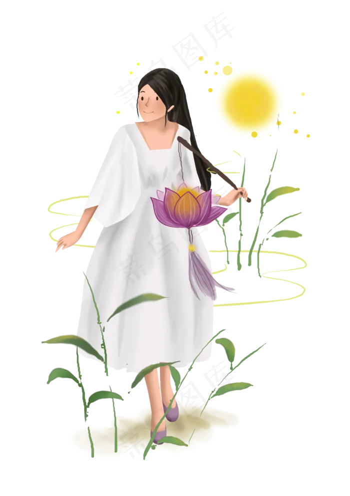 中秋节河边赏月的女孩,免抠元素(3508X4961(DPI:300))psd模版下载