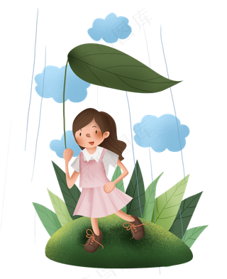 春雨叶子下避雨女孩,免抠元素