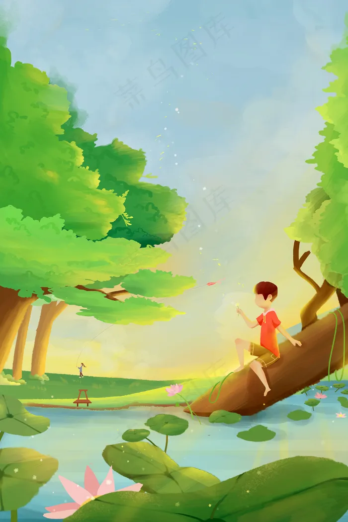 绿色唯美清新立夏夏至插少年荷塘赏花