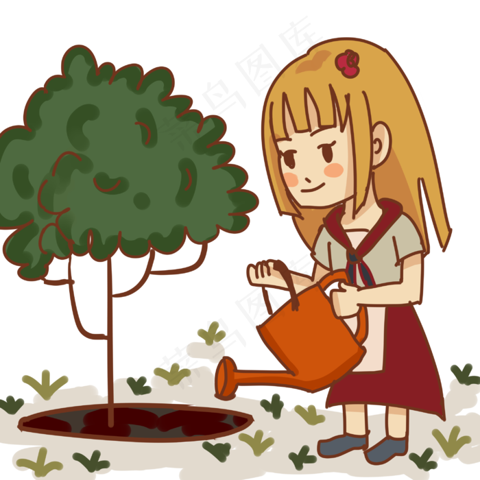 植树节给树浇水的女孩手绘插画