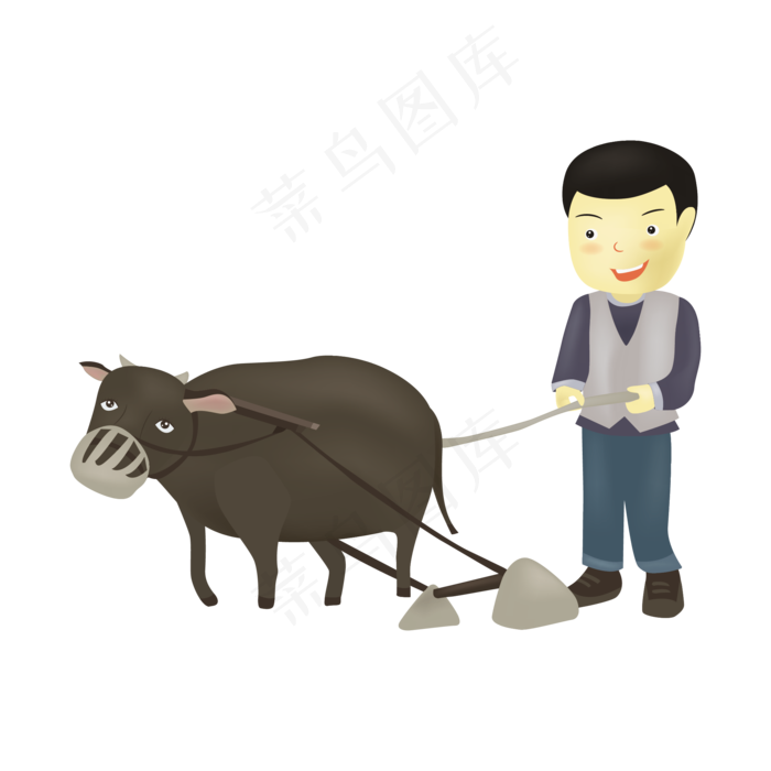 手绘牵着水牛耕田的农民