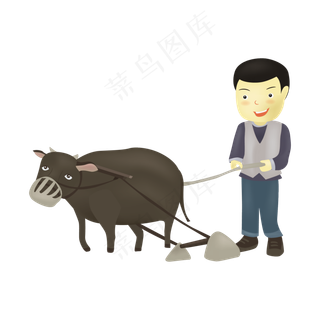 手绘牵着水牛耕田的农民