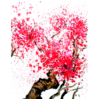 樱花红树桃红粉色PNG春天烂漫国画,免抠元素
