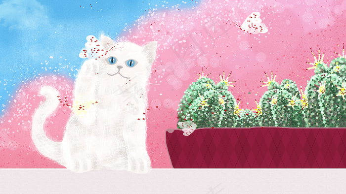 春日樱花仙人掌猫咪与蝴蝶嬉戏配图(2880X1620(DPI:300))psd模版下载